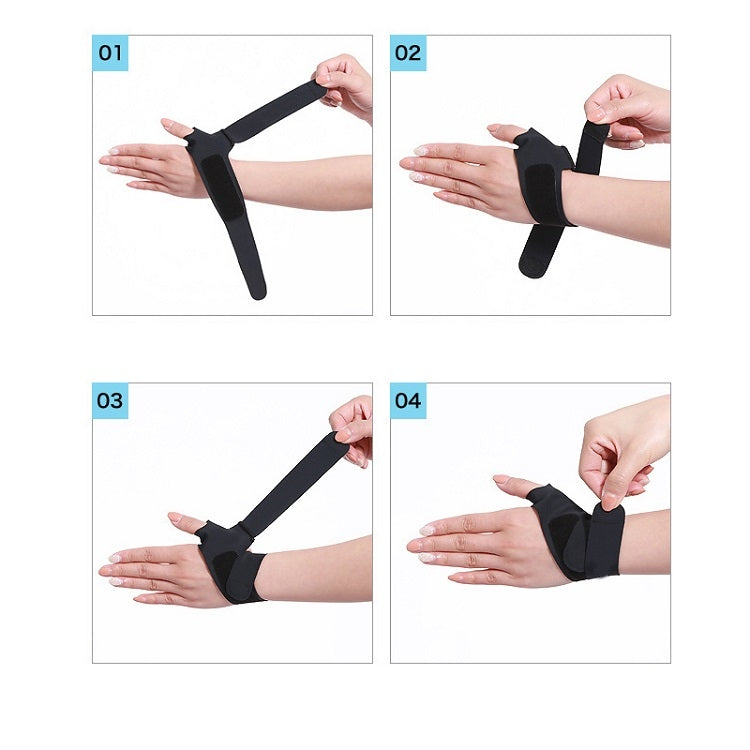 Thin black wrist support band with thumb opening, worn on forearm and hand