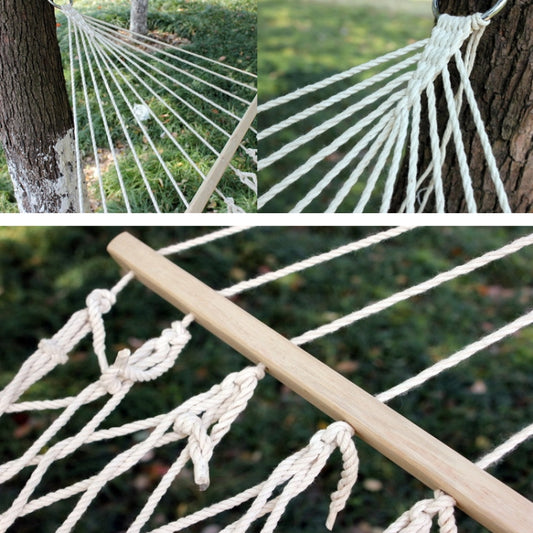 White rope hammock net with knots and light wood spreader bar detail