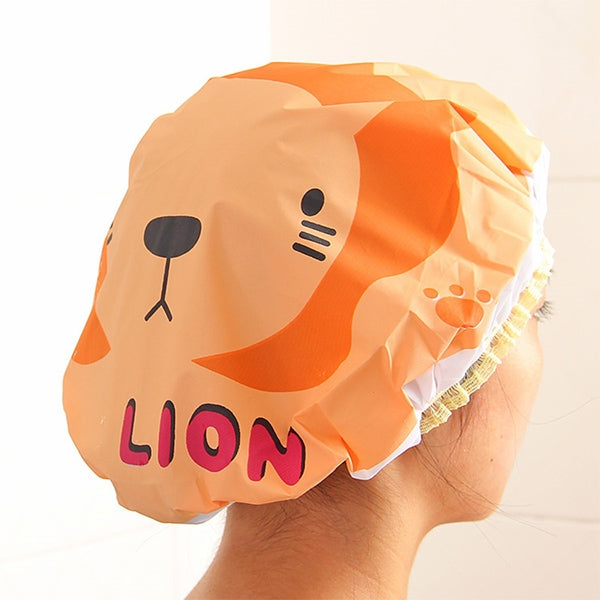Lion cartoon shower bath cap with elastic ruffle trim, orange lion face design