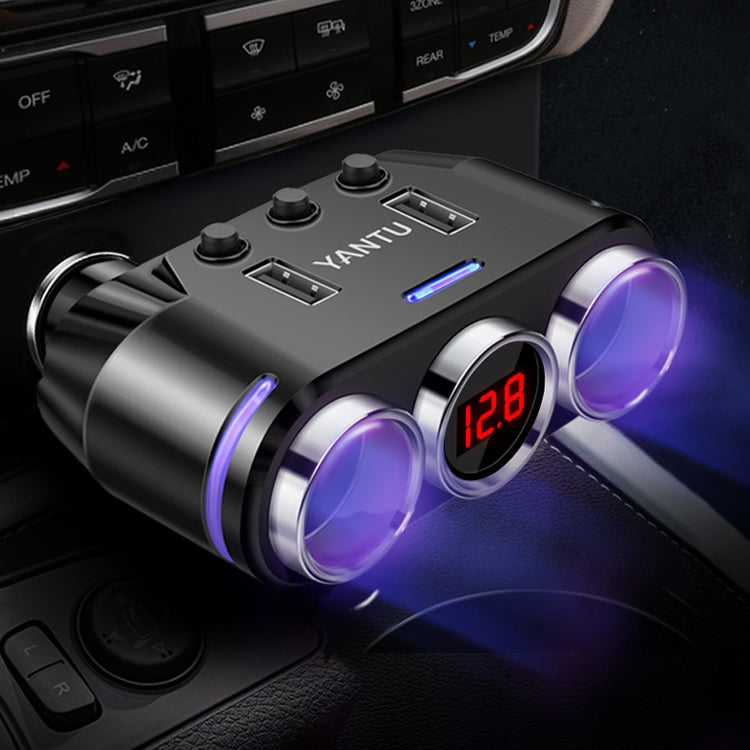 Car USB charger with dual ports and digital voltage display, blue LEDs and purple ring
