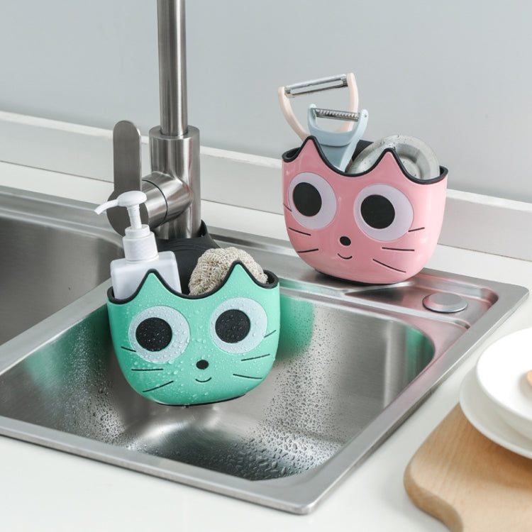 Cartoon cat sink drain hanging bag set with adjustable clips, teal and pink