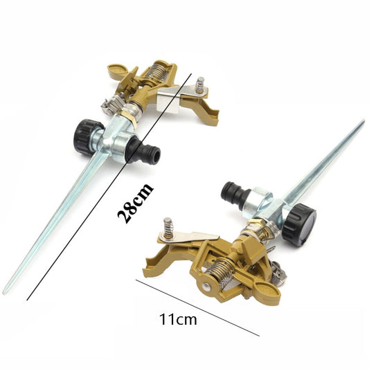 Rotating lawn sprinkler with two-prong spike, gold rocker, and extended metal tube
