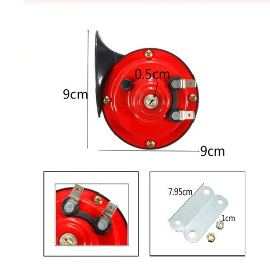 Snail horn size diagram with 9cm horn, 7.95cm bracket, and mounting parts