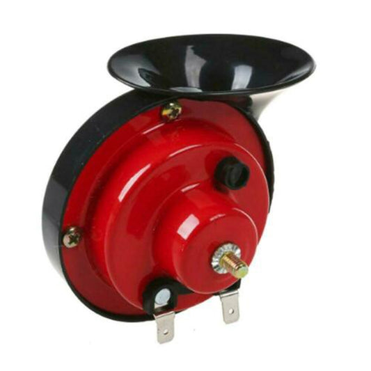 Red electric snail horn with black sound cone and mounting brackets