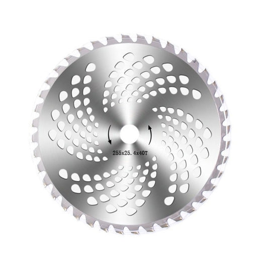 Alloy circular brush cutter saw blade with outer teeth, vent holes, and center arbor hole