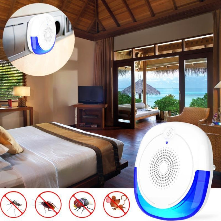 Plug-in ultrasonic mosquito repellent device, white with blue ring and speaker grille