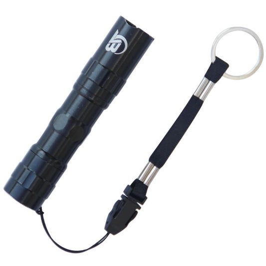 Mini LED flashlight with lanyard, black aluminum body and pocket-size design