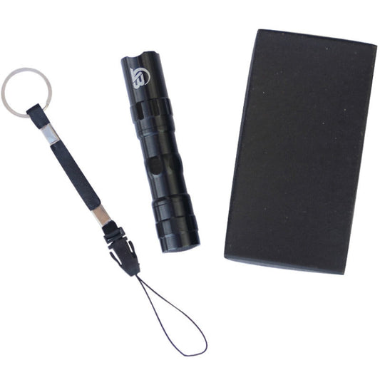 Mini LED flashlight with lanyard and black square accessory