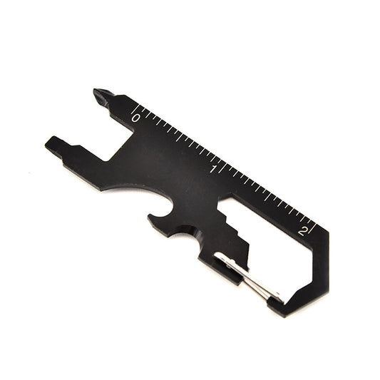 Black 7-in-1 keychain multi-tool card with built-in ruler and snap-out screwdriver