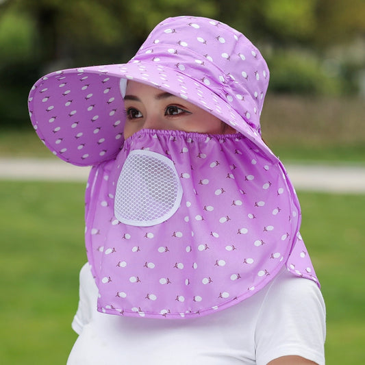 Purple cherry-print sun hat with wide brim and mesh face cover