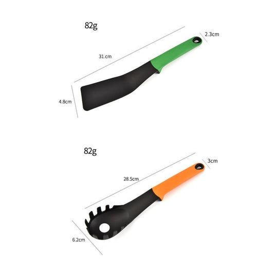 Green-handled nylon cooking shovel spoon with black head and handle measurements