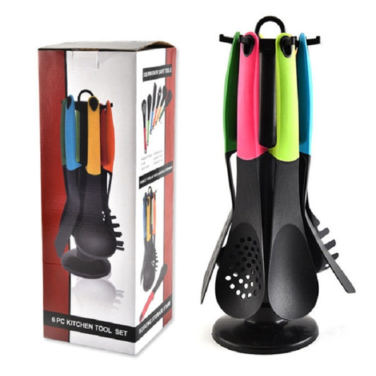 6-piece nylon cooking shovel spoon set in holder, with black and multicolor utensils