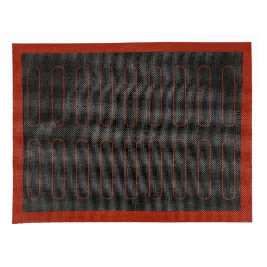 Gray non-stick baking mat with orange border and oval ventilation holes pattern.
