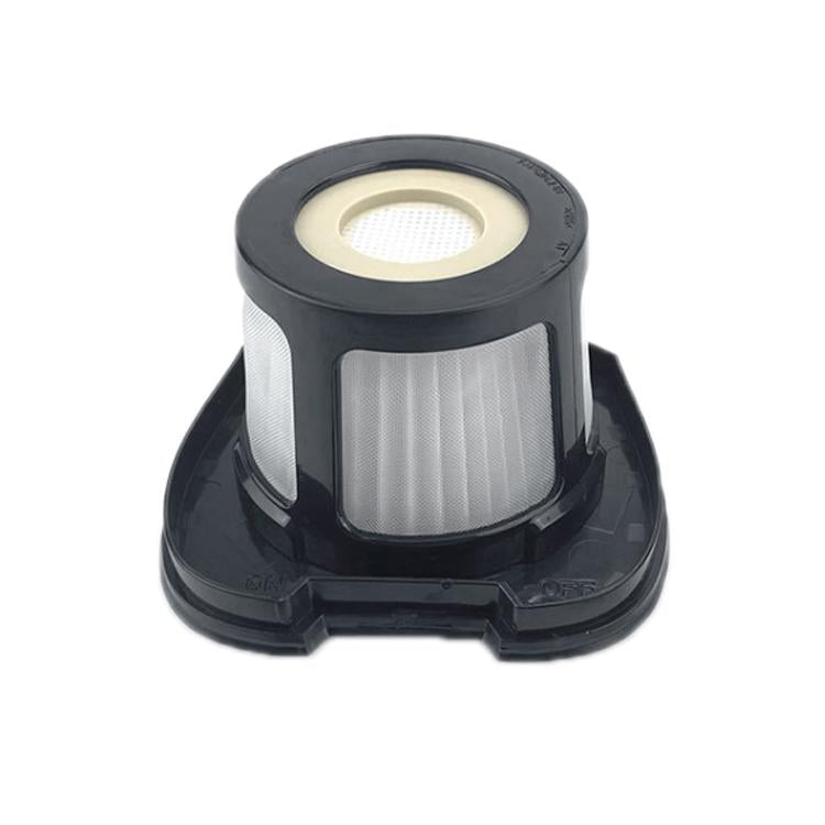 Vacuum filter element with black housing and gray pleated mesh cylinder, top view