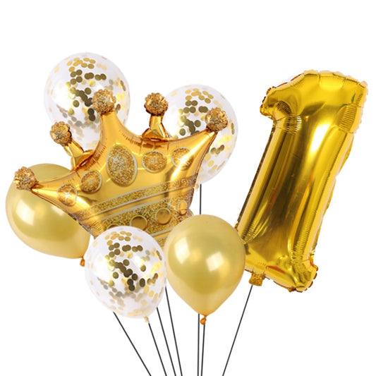 Gold crown balloon set with foil number 1 and confetti balloons