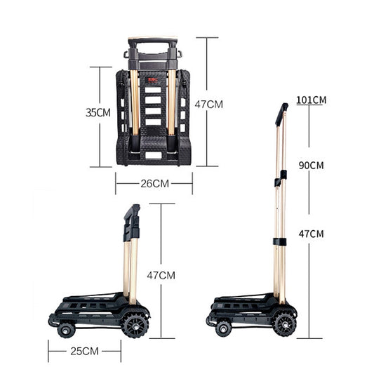 Folding hand cart with aluminum pull handle shown with height and size diagram