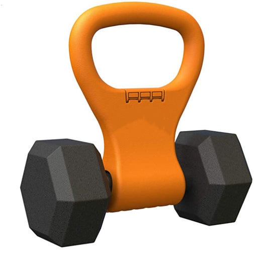 Orange portable dumbbell handle with two black foam hex weights attached