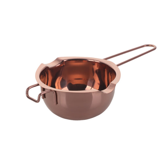Rose gold stainless steel melting bowl with long handle and side loop grips