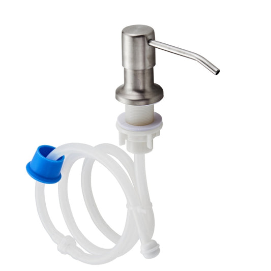 Stainless steel soap dispenser pump head with clear extension tube and white fittings