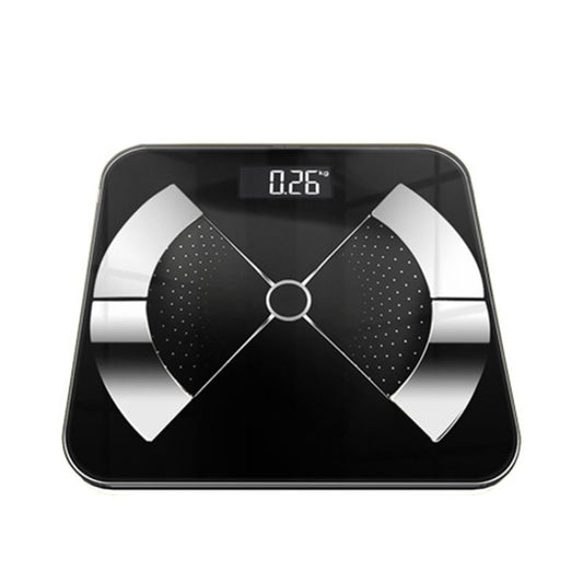 Black digital body fat scale with dark LCD readout and four-quadrant sensor grid