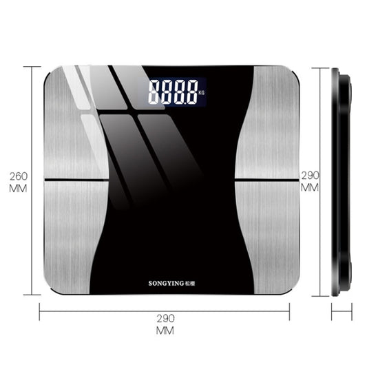 Smart body fat scale with cherry pink frame, black platform, and side thickness views