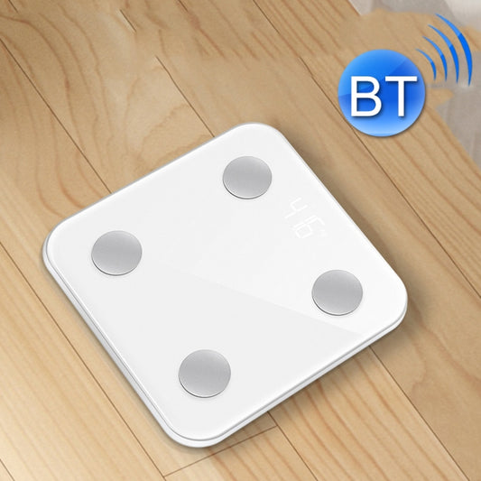 White smart Bluetooth body fat scale with four round metal sensors