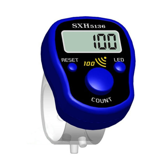 Blue LED electronic counter watch showing 100, with reset and count buttons