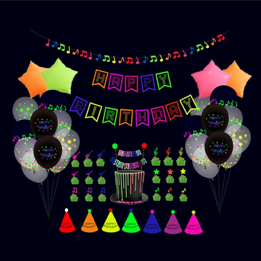Fluorescent birthday party decoration set with glowing banner, balloons, hats, and table pieces
