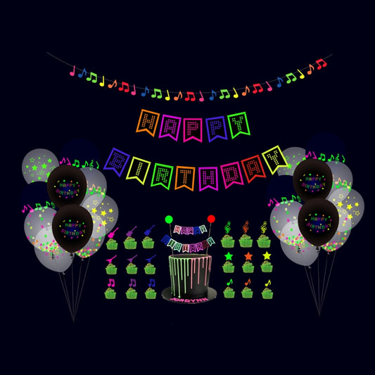 Fluorescent birthday decoration set with glowing banner, balloon clusters, and table accents