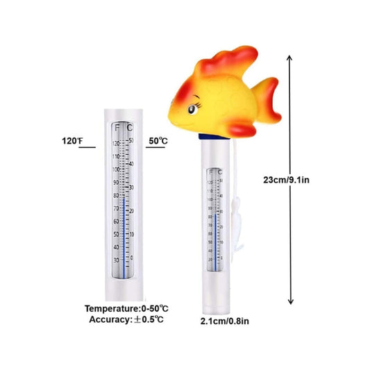 Pool thermometer showing °C/°F markings on clear tube with yellow fish top.