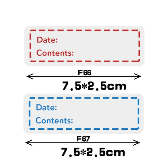 Tearable date label size guide for F66 and F67 with “Date” and “Contents” fields.