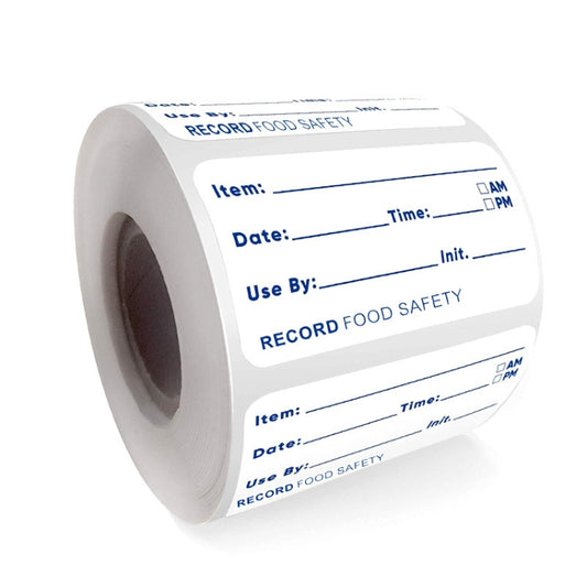Food date sticker label roll with blue fields: Item, Date, Time, Use By