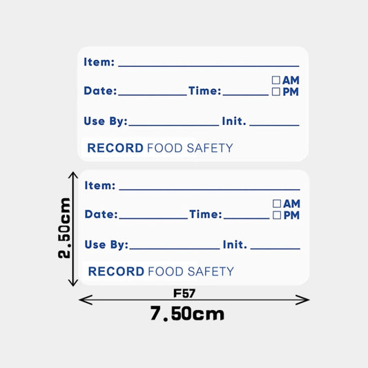 Food date sticker label size diagram (F57): 7.50cm, Item/Date/Time fields
