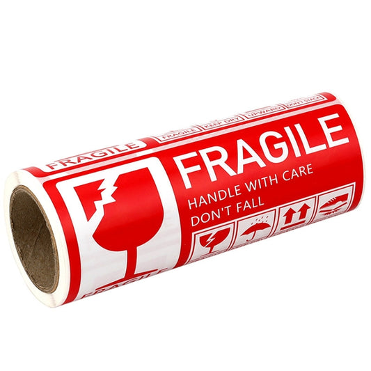 Fragile warning sticker roll, red and white 'HANDLE WITH CARE' F41, don't fall
