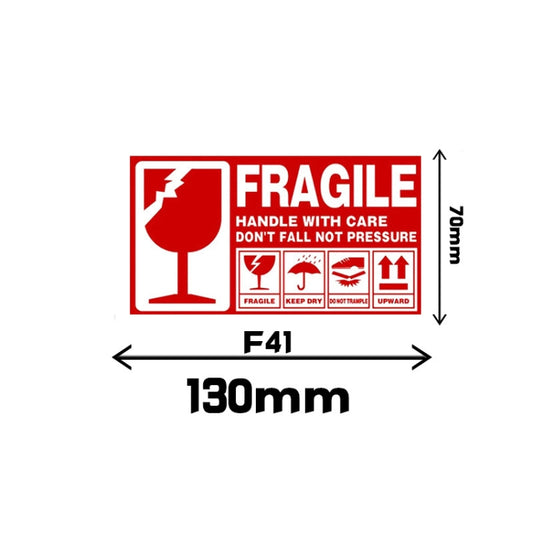 Fragile sticker label layout, red frame 'FRAGILE' with F41 and size 130mm x 70mm