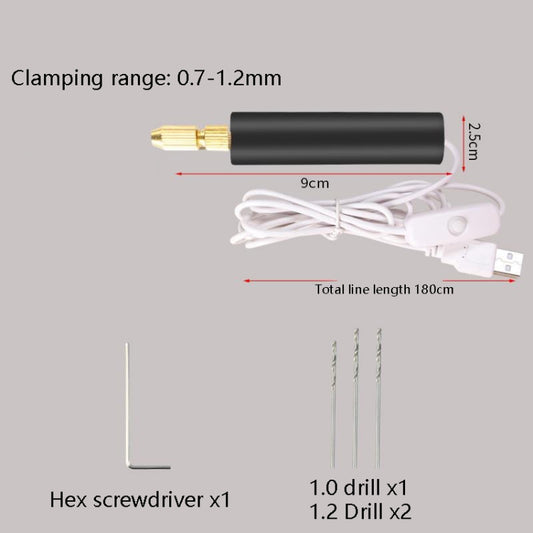 Mini electric grinder with black body, gold tip, white cord, and included drill bits