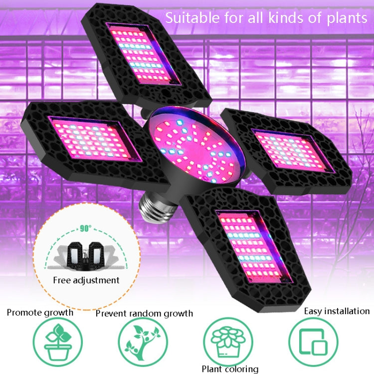 LED plant grow lamp with adjustable multi-head design and four lit square panels on black frame