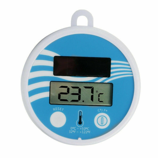 Floating solar pool thermometer with blue face and digital LCD temperature readout