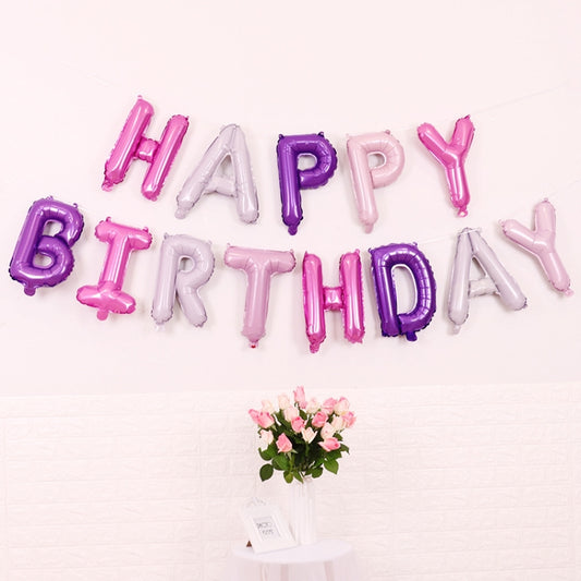 Multicolor Happy Birthday letter foil balloons, shiny pink and purple