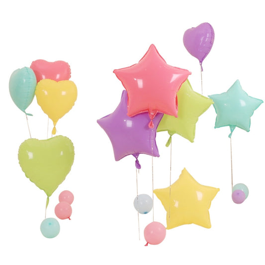 Pastel star and heart aluminum film balloons, assorted colors on strings