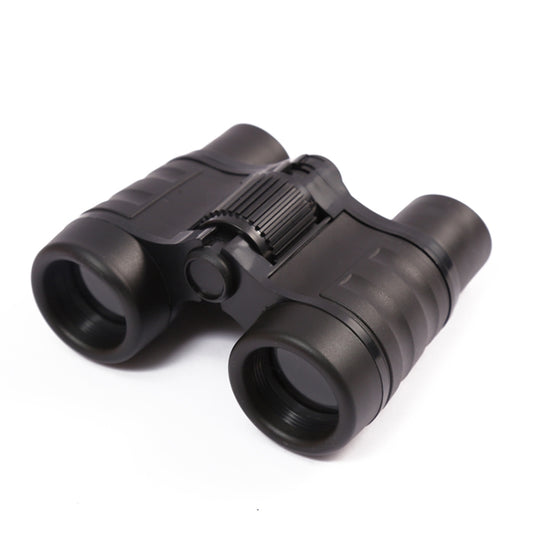 Pair of black children's binoculars with dual eyepieces and center focus wheel