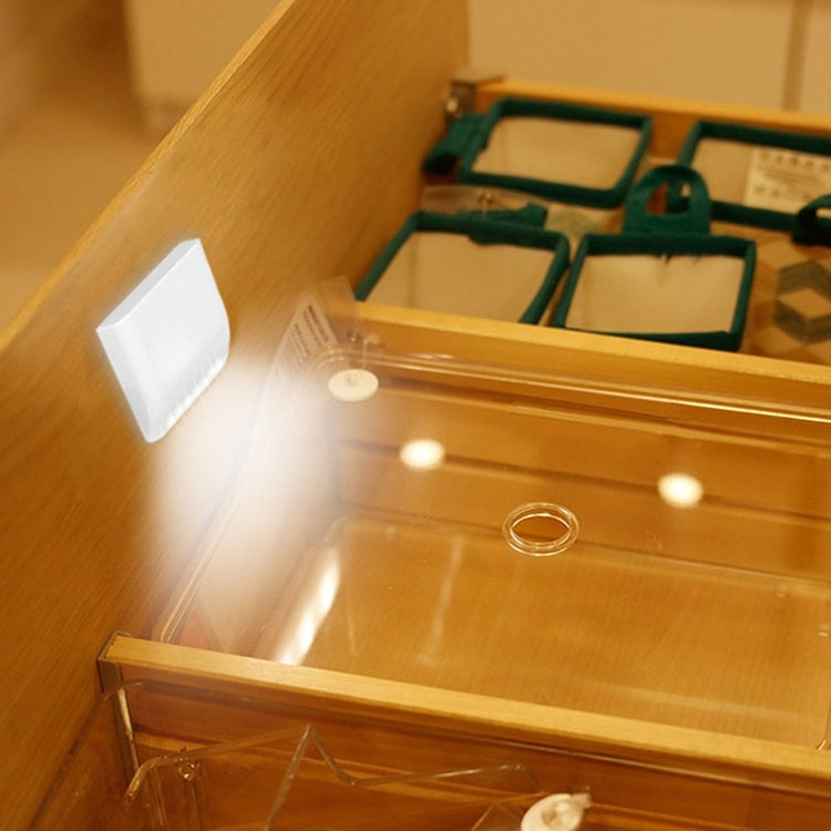 Hinged LED night light glowing under cabinet from a hinged white panel