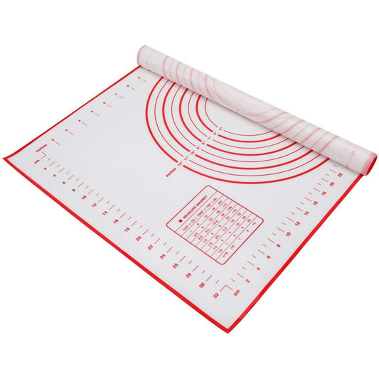 Red silicone kneading baking mat with rolled edge and measurement lines