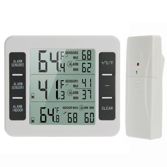 White wall-mount digital thermometer with dual-sensor LCD display and alarm buttons