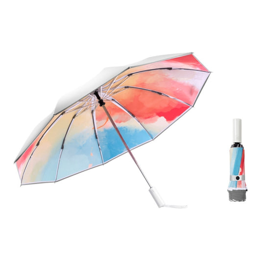 Automatic folding umbrella with watercolor red pink and blue canopy, black frame