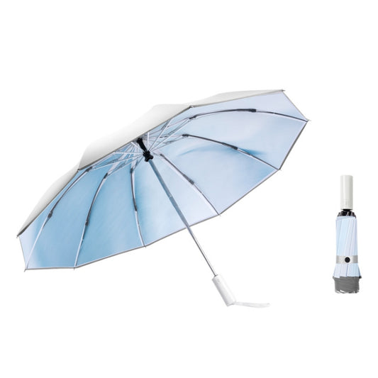 Automatic folding umbrella open, light-blue watercolor canopy with black center hub