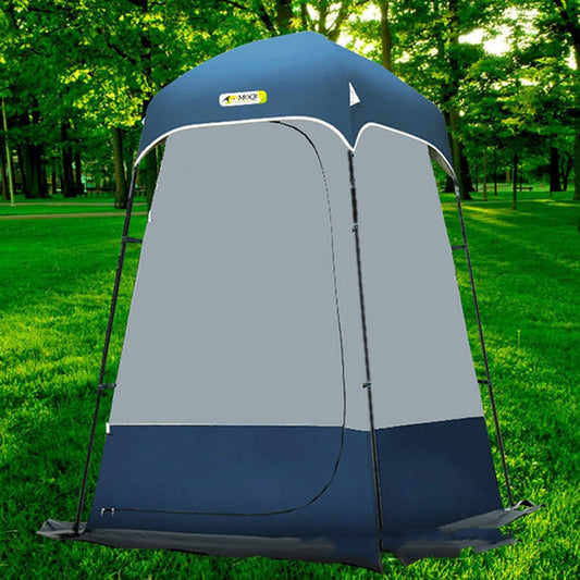 Gray and dark blue privacy changing tent with curved doorway and side panels.