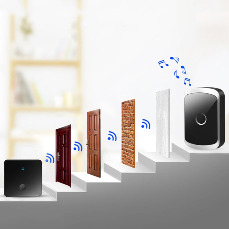 Wireless self-generating doorbell system diagram showing signal reaching through obstacles