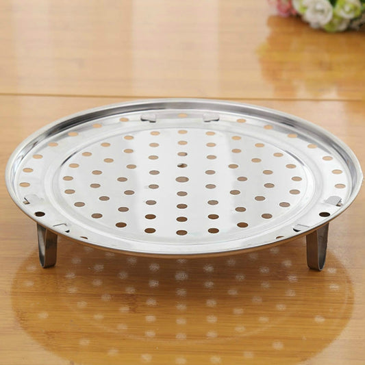 Round stainless steel steamer rack with perforations and three legs