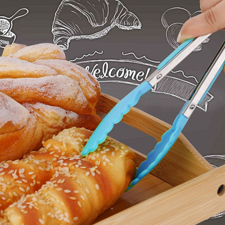 Blue silicone food clip holding bread with stainless-steel jaws